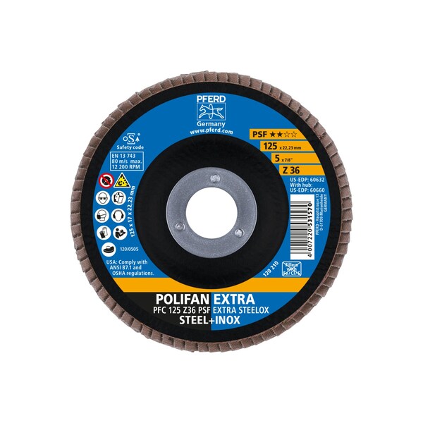 Disco de láminas POLIFAN® Pferd 5" x 7/8" A.H. - Z PSF EXTRA STEELOX, de Zirconio, 36 granos, cónico - 60632
