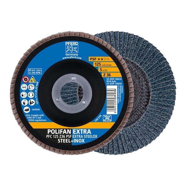 Disco de láminas POLIFAN® Pferd 5" x 7/8" A.H. - Z PSF EXTRA STEELOX, de Zirconio, 36 granos, cónico - 60632