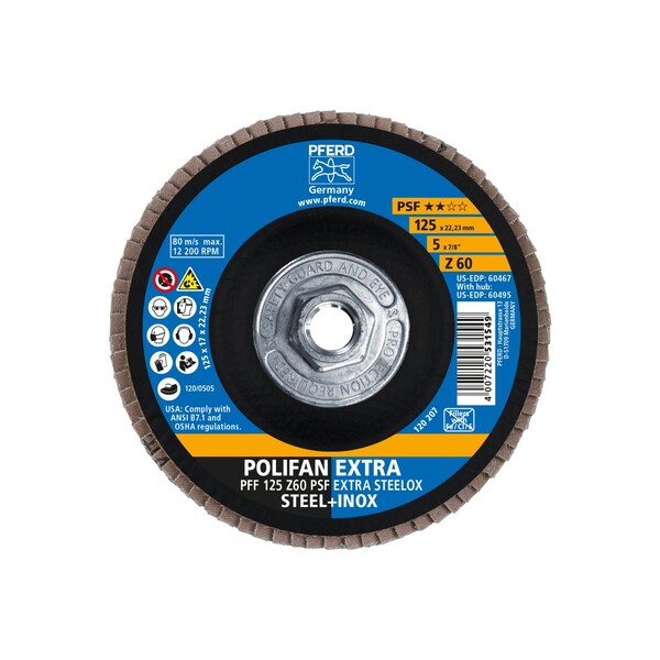 Disco de láminas POLIFAN® Pferd de 5" x 5/8-11 Thd. - Z PSF EXTRA STEELOX, Zirconia, 60 granos, plano - 60495