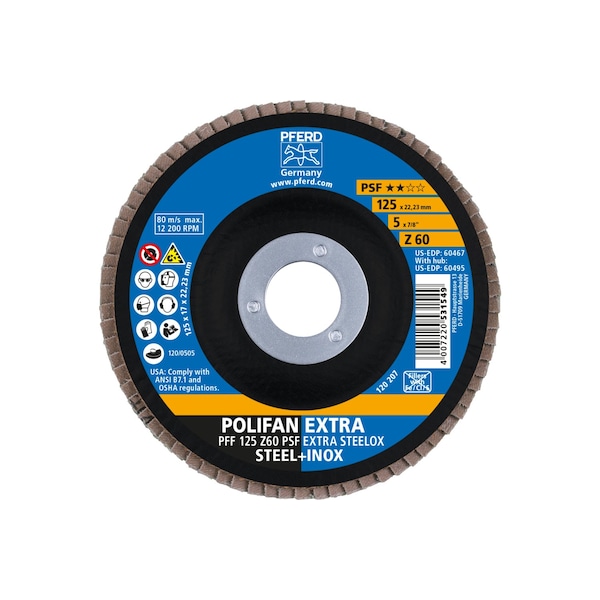 Disco de láminas Pferd 5" x 7/8" A.H. POLIFAN® - Z PSF EXTRA STEELOX, Zirconia, 60 Granos, Plano - 60467