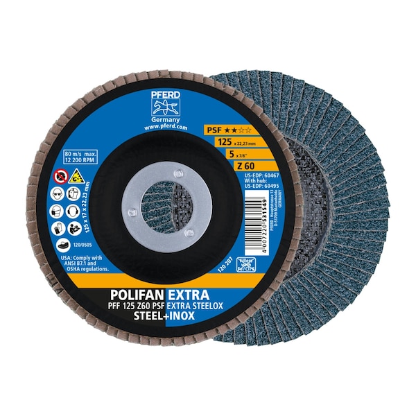 Disco de láminas Pferd 5" x 7/8" A.H. POLIFAN® - Z PSF EXTRA STEELOX, Zirconia, 60 Granos, Plano - 60467