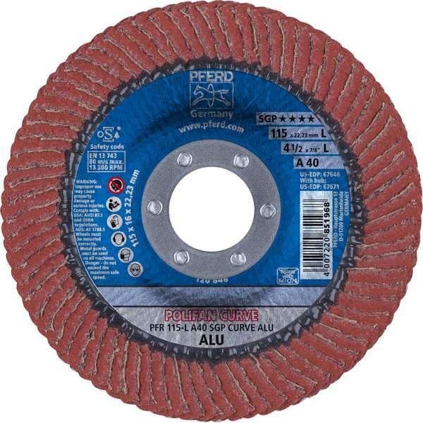 Disco de láminas POLIFAN® Pferd de 4-1/2" x 7/8" A.H. - SGP CURVE STEELOX, Óxido de Aluminio, 40 Granos, Radio Grande - 67646