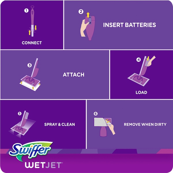 Swiffer 5-13/32 in Flat Spray Mop, 18-55/64 oz Dry Wt, Hook-and-Loop Connection, Purple, Cellulose, PK2 - 92811