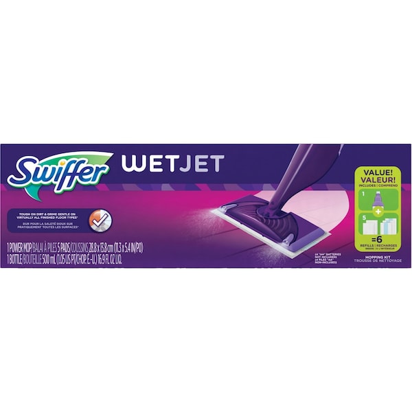 Swiffer 5-13/32 in Flat Spray Mop, 18-55/64 oz Dry Wt, Hook-and-Loop Connection, Purple, Cellulose, PK2 - 92811