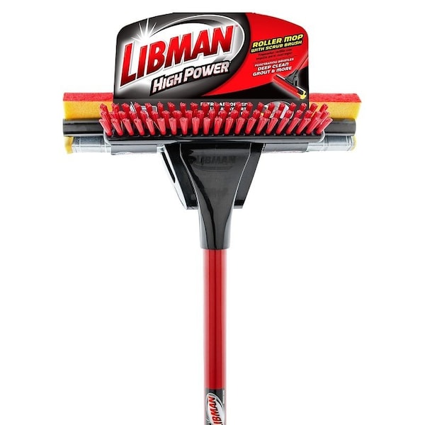 Libman Roller Mop with Scrub Brush, 12 in W Frame, 52 in OAL, Sponge Mop Head, Quick Change, Steel Handle - 955