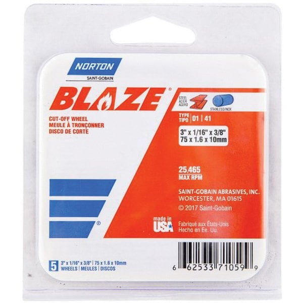 Norton Abrasives 3 x 1/16 x 3/8 Disco de corte Blaze tipo 41, 5 piezas - 66253371059