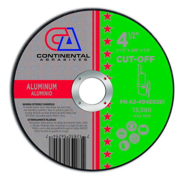 Rueda de corte de soluciones de aluminio T1 de Continental Abrasives de 4-1/2" x .040" x 7/8" - A3-40450251