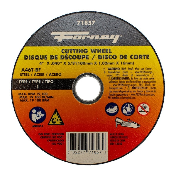 Rueda de corte Forney, metal, Tipo 1, 4 pulgadas x .040 pulgadas x 5/8 pulgadas - 71857