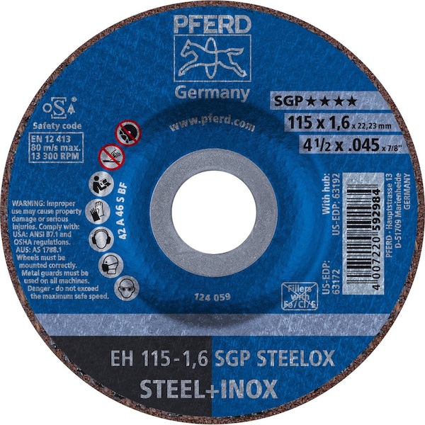 Pferd 63172 4-1/2in x .045in Rueda de corte, 7/8in AH A 46 S SGP-INOX - Tipo 27 - 63172-PFERD