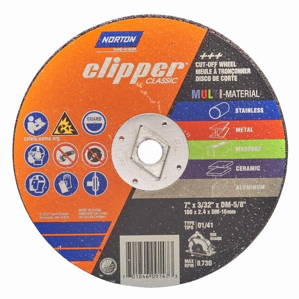Norton Door Controls Norton Clipper 7 pulgadas D X 5/8 pulgadas Rueda de corte clásica de óxido de aluminio / carburo de silicio 1 pieza - 70184609147.