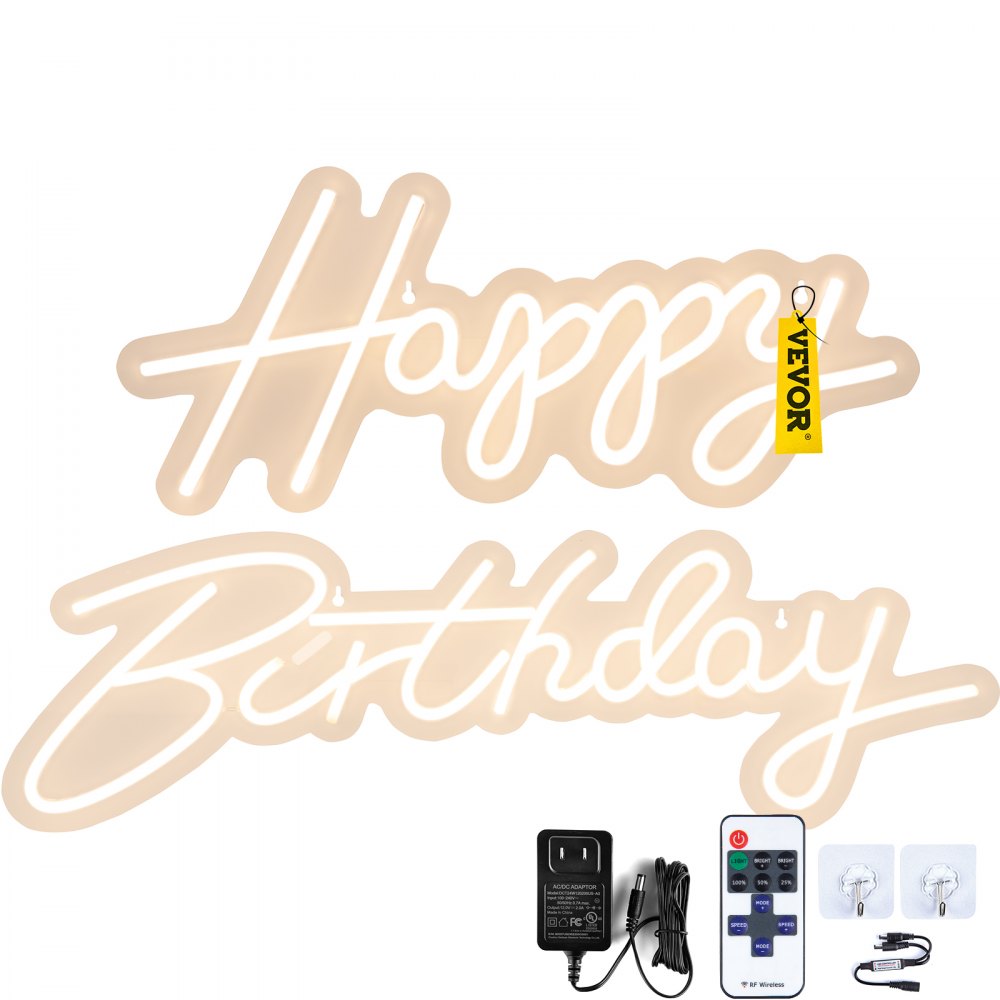 VEVOR Happy Birthday Neon Sign, 16.5" x 8" + 23" x 8" LED Neon Lights Signs, Adjustable Brightness w/ Remote Control and Power Adapter, Reusable for Party, Club, Celebration and Decoration Warm White - SYBZNBSMC165XBLN4V1