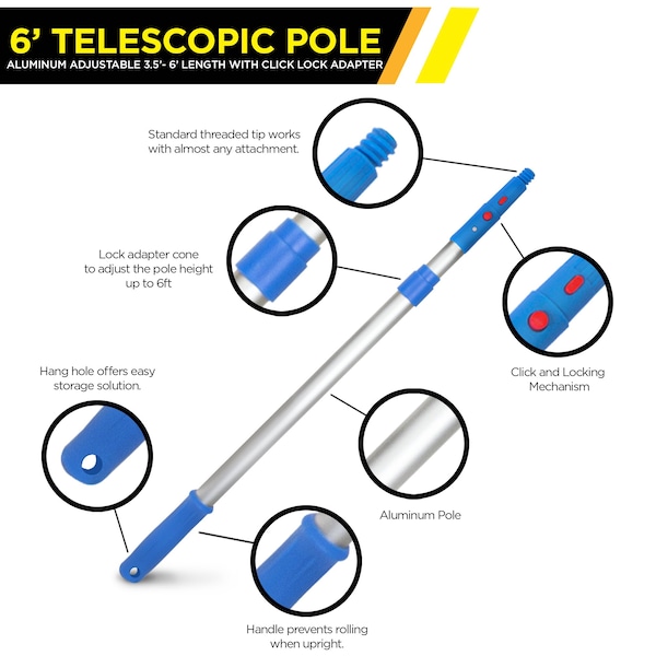 Gritt Commercial 6' Telescopic Pole, Aluminum, Adjustable 3.5 - 6' length with Click / Lock Adapter Cone - GRI106-6F