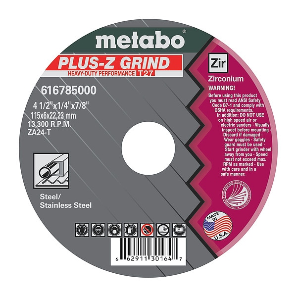 Rueda de esmerilado Metabo, T27, ZA24T, 4.5"X1/4"X7/8" - 616785000