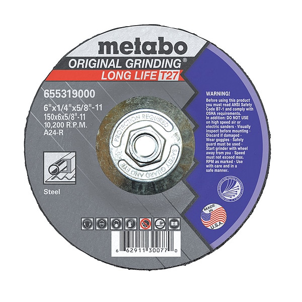 Rueda de esmerilado Metabo, T27, A24R, 6"X1/4"X5/8"-11 - 655319000