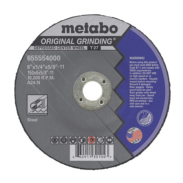 Rueda de esmerilado Metabo, T27, A24N, 6"X1/4"X5/8"-11 - 655554000