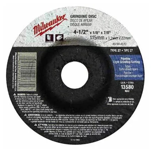 Herramienta Milwaukee 4 1/2 pulgadas x .25 Th x 7/8 pulgadas Rueda de esmerilado de tipo 27 con eje ML49-94-4520
