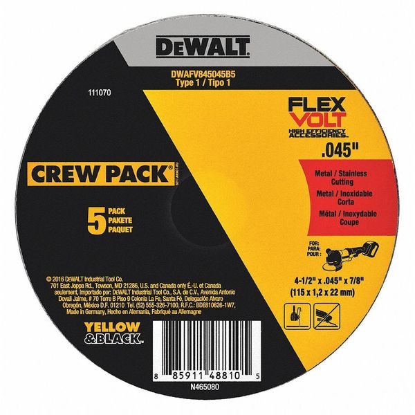 Rueda de corte Flexvolt Dewalt de 4-1/2" x .045" x 7/8" T1 en paquete de 5 - DWAFV845045B5