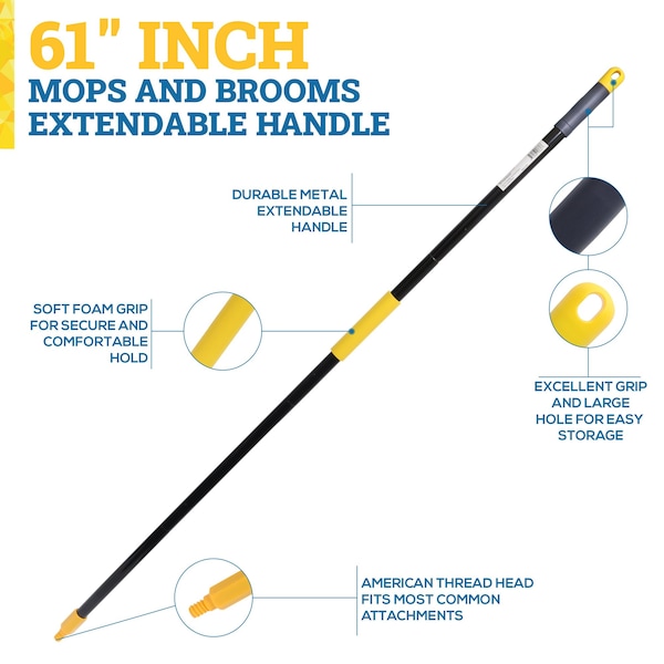 Kleen Handler 61in Extendable Broom/Mop Handle, Threaded Ends for Standard Heads, 6PK - KHHD-EXH-IRN-BK-1-6-OMP
