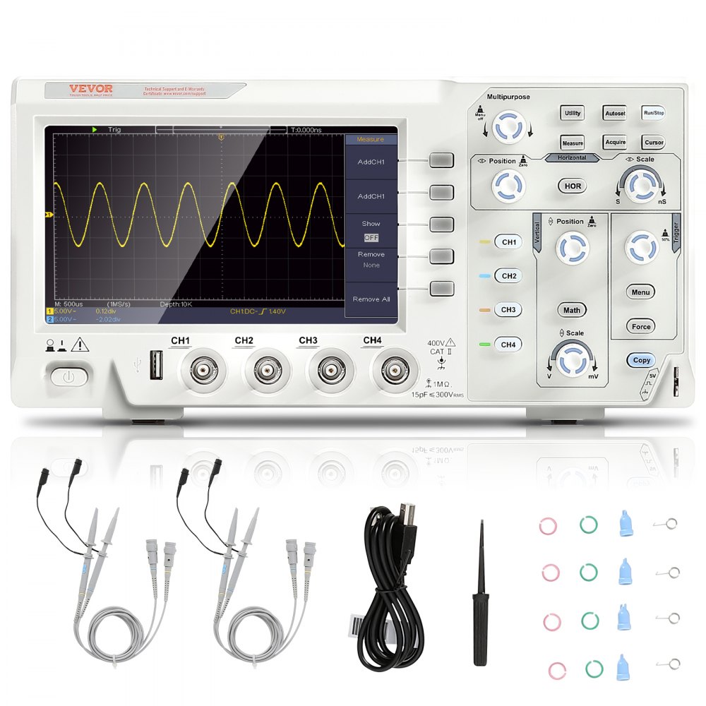 VEVOR Digital Oscilloscope, 1GS/S Sampling Rate, 100MHZ Bandwidth Portable Oscilloscope with 4 Channels 7-inch Color Screen, 30 Automatic Measurement Functions for Electronic Circuit Testing DIY - SBQCG40000005810NV1