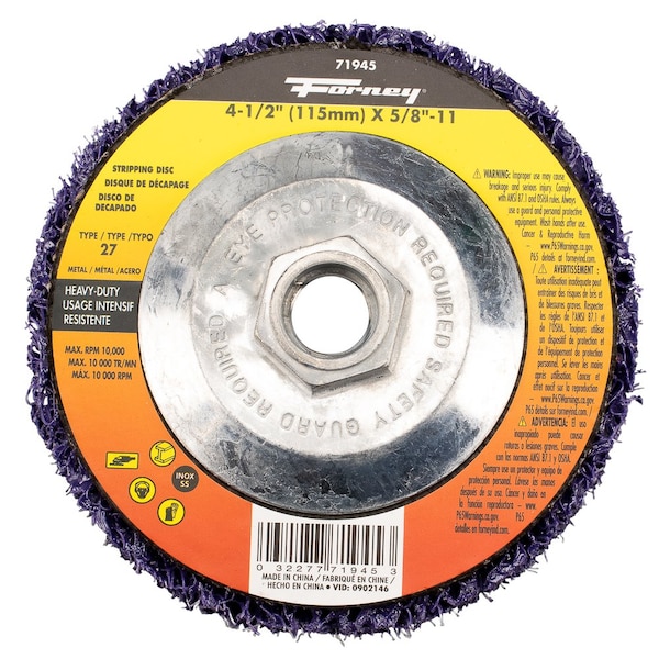 Disco de decapado y acabado Forney, resistente, 4-1/2 in x 5/8 in-11 Tipo 27 - 71945.