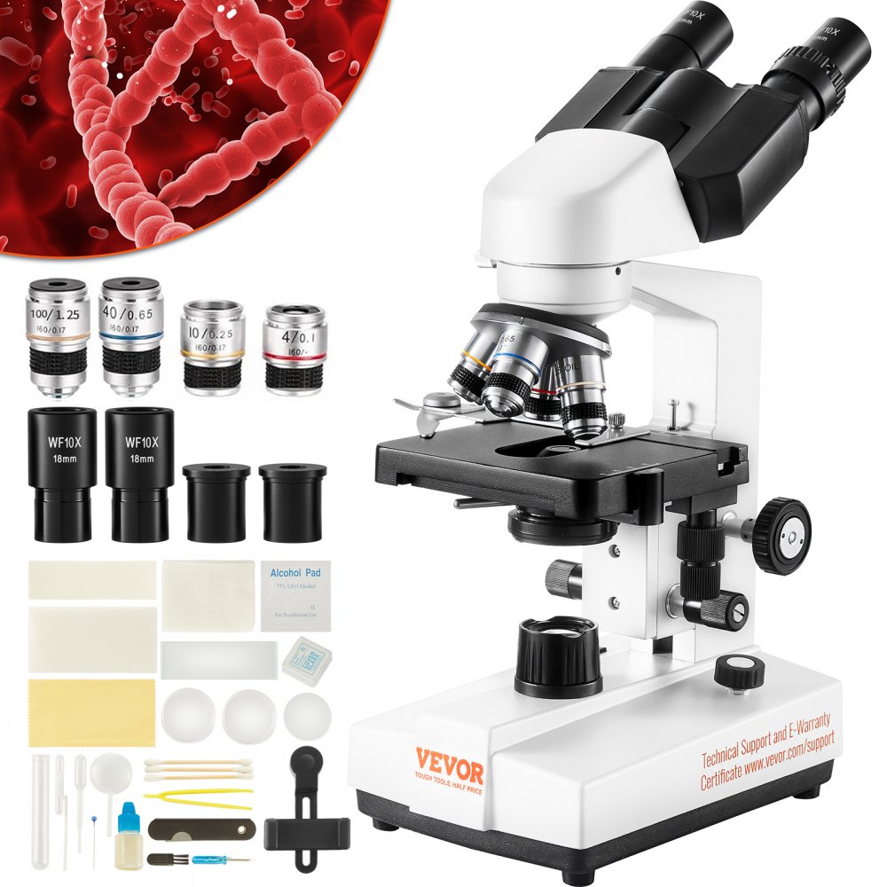 VEVOR Binocular Compound Microscope, 40X-2500X Magnification, Binocular Compound Lab Microscope with LED Illumination, Two-Layer Mechanical Stage, Includes Phone Holder & Microscope Slides - FSXWJ2500XSM1JITDV5