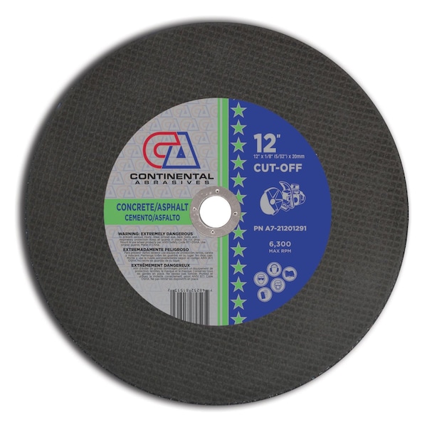 12" x 1/8" (5/32) x 20mm cuchilla de sierra abrasiva de alta velocidad para mampostería reforzada triple para gas o electricidad de Continental Abrasives - A7-21201291