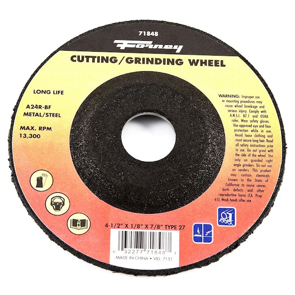 Rueda de corte Forney, Metal, Tipo 27, 4-1/2 pulgadas x 1/8 pulgadas x 7/8 pulgadas - 71848