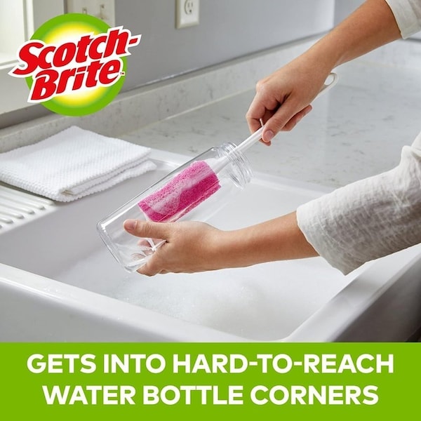 Scotch-Brite Bottle Scrubber, 11.938 in OAL, Comfort Grip Handle, Plastic Handle - 507