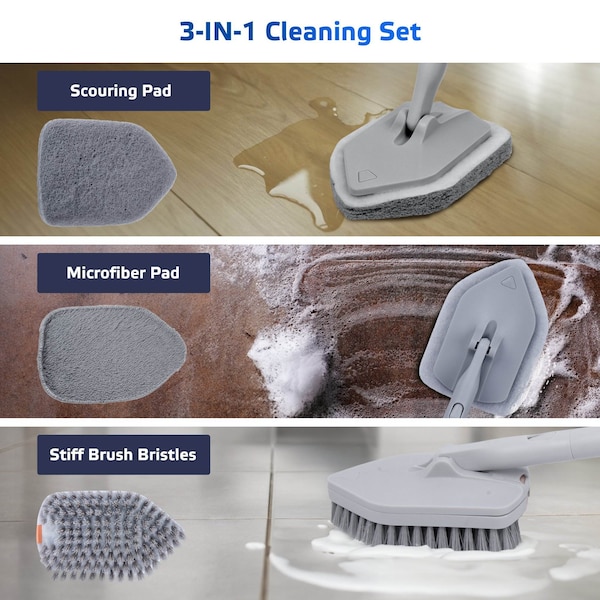 Dsv Standard Tile Tub Scrubber, 3-in-1 Long Handle Brush with No-Scratch Heads, Bathroom, Kitchen Cleaning - 87005