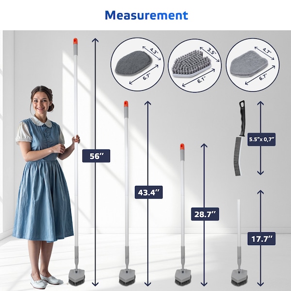 Dsv Standard Tile Tub Scrubber, 3-in-1 Long Handle Brush with No-Scratch Heads, Bathroom, Kitchen Cleaning - 87005