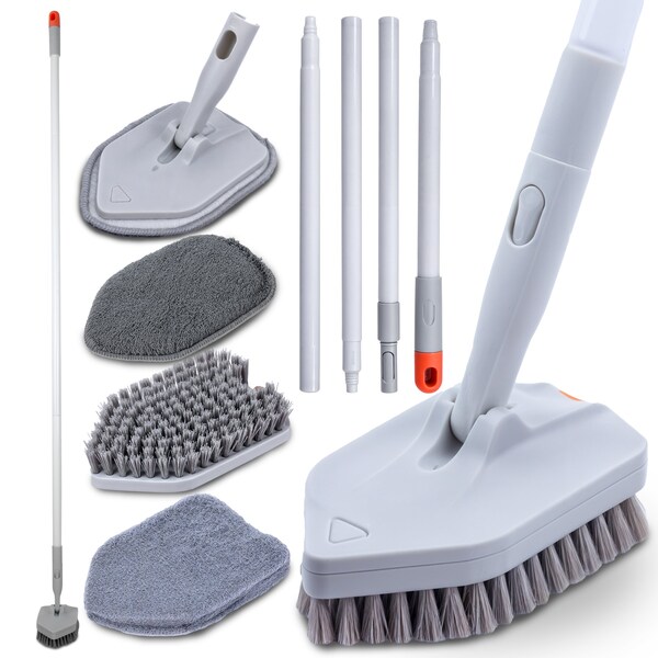 Dsv Standard Tile Tub Scrubber, 3-in-1 Long Handle Brush with No-Scratch Heads, Bathroom, Kitchen Cleaning - 87005
