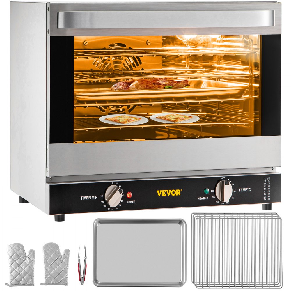 VEVOR Commercial Convection Oven, 66L/60Qt, Half-Size Conventional Oven Countertop, 1800W 4-Tier Toaster w/ Front Glass Door, Electric Baking Oven w/ Trays Wire Racks Clip Gloves, 120V, ETL Listed - RFXHLM68L110V42FZV1
