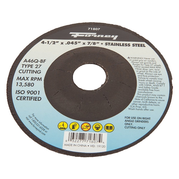 Rueda de corte Forney, acero inoxidable, tipo 27, 4-1/2 pulgadas x .045 pulgadas x 7/8 pulgadas - 71807