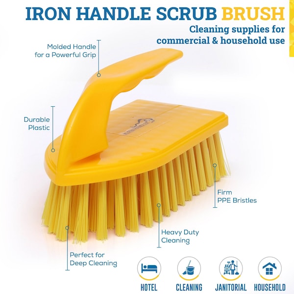 Kleen Handler Iron Handle Scrub Brush, Stiff Bristles, Ergonomic Grip for Tough Cleaning Tasks - KHES-IRBH-PP-Y-1-OMP