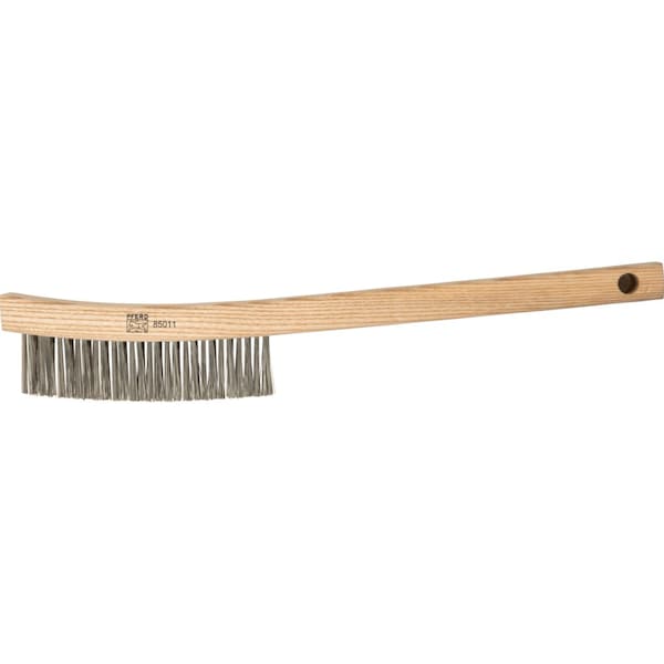 Pferd Curved Handle Scratch Brush - 3x14 Rows, V-Groove SS Wire, Wooden Block - 85011