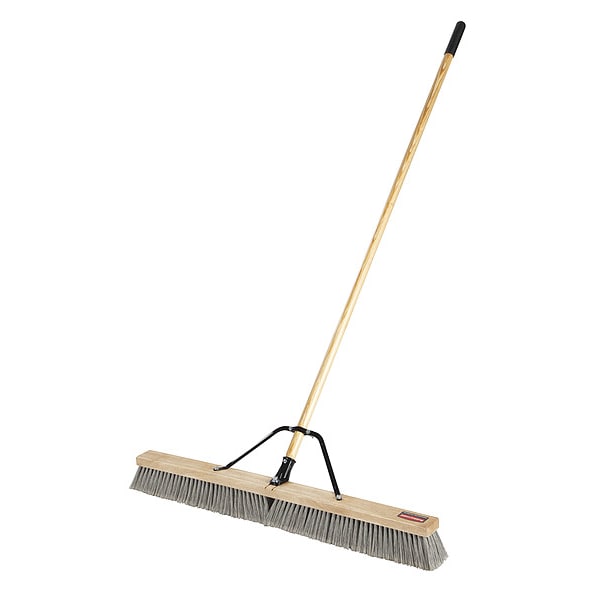 Rubbermaid Commercial Push Broom, 37 in Sweep Face, Medium, Synthetic, Gray Bristle, Wood - 2040049