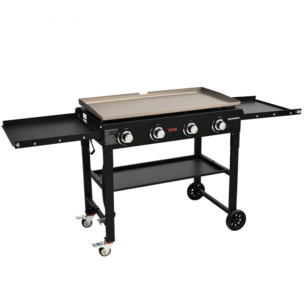 VEVOR Commercial Griddle on Cart, 36" Heavy Duty Manual Flat Top Griddle, Outdoor Cooking Station with Side Shelves, Steel LPG Gas Griddle, 4-Burners Restaurant Portable Grill -  60,000 BTU - HWTCXRQBL2BU9BA38V0