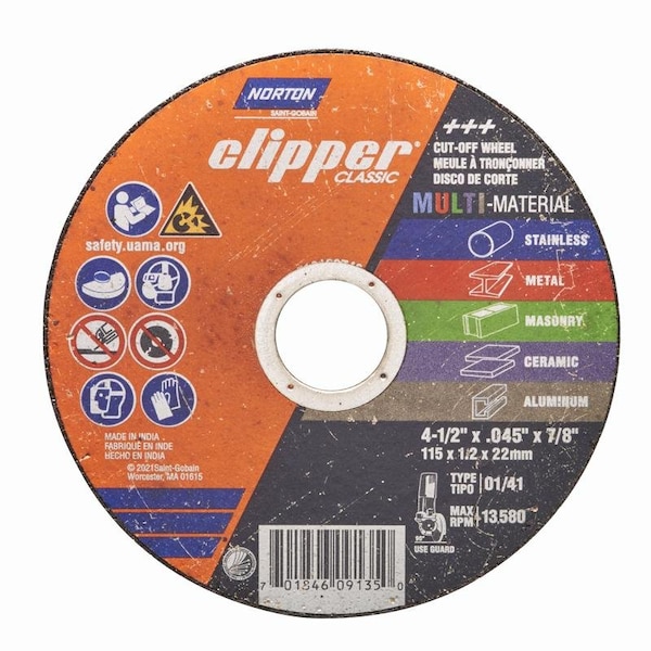 Norton Door Controls Norton Clipper 4-1/2 in. D X 7/8 in. Disco de corte clásico de óxido de aluminio/carburo de silicio de 1 pieza - 70184609135