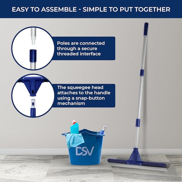 Dsv Standard Professional Floor Scrubber Squeegee, 17.5in Silicone Rubber Blade, 62in Steel Pole - 87555-18