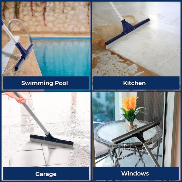 Dsv Standard Professional Floor Scrubber Squeegee, 17.5in Silicone Rubber Blade, 62in Steel Pole - 87555-18