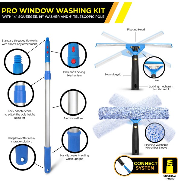Gritt Commercial Pro Window Washing Kit with with 14 Squeegee, 14 Washer and 6' Telescopic Pole - GRI137-6F-14