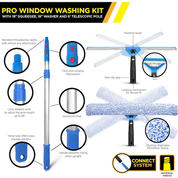 Gritt Commercial Pro Window Washing Kit with with 18 Squeegee, 18 Washer and 6' Telescopic Pole - GRI137-6F-18