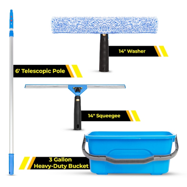 Gritt Commercial Pro Window Washing Kit with with 14 Squeegee, 14 Washer, 6' Telescopic Pole and 3 Gallon Bucket - GRI137B-6F-14