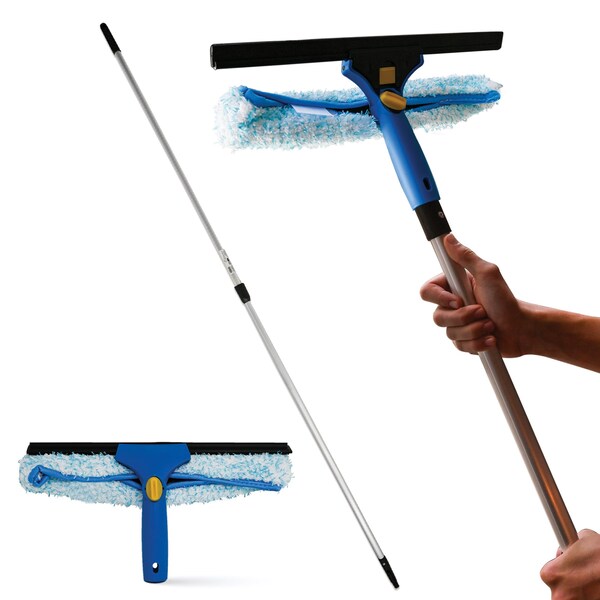 Kleen Handler Telescopic Pole & 2-in-1 Squeegee Kit: Extendable Pole with Microfiber Scrubber and Rubber Blade - KHES-WSEH-14IN-8FT