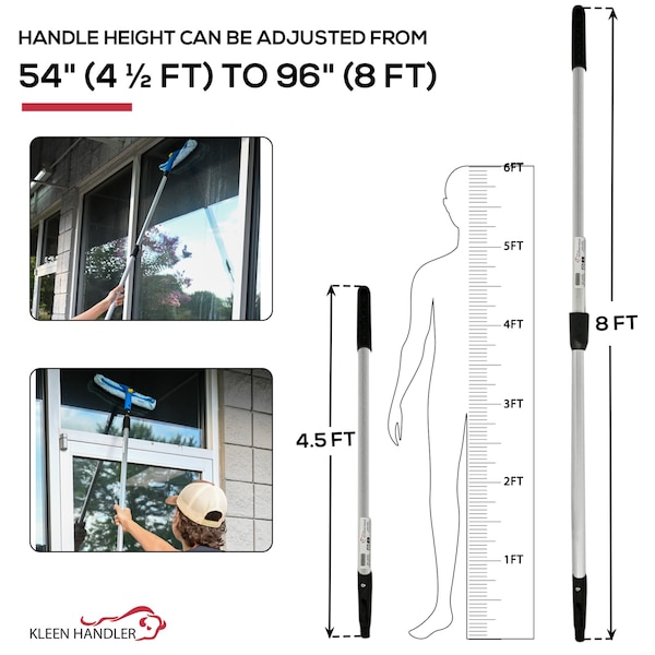 Kleen Handler Telescopic Pole & 2-in-1 Squeegee Kit: Extendable Pole with Microfiber Scrubber and Rubber Blade - KHES-WSEH-14IN-8FT