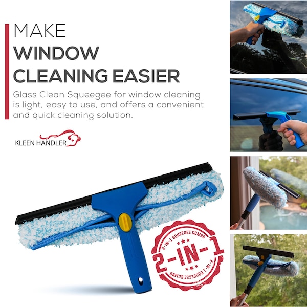 Kleen Handler Telescopic Pole & 2-in-1 Squeegee Kit: Extendable Pole with Microfiber Scrubber and Rubber Blade - KHES-WSEH-14IN-8FT
