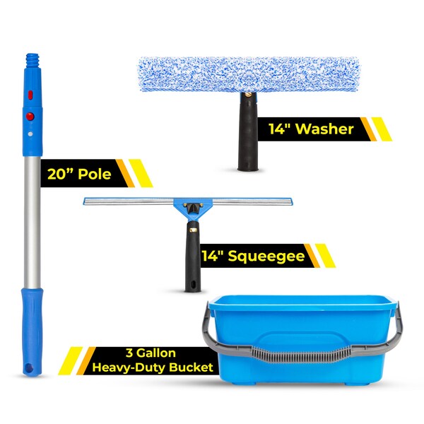 Gritt Commercial Pro Cleaning Kit with with 14 Squeegee, 14 Washer, 20 Pole and 3 Gallon Heavy-Duty Bucket - GRI138B