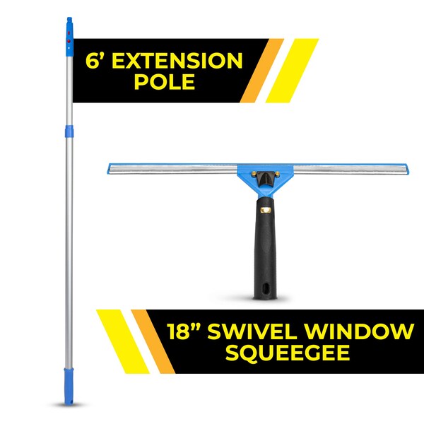 Gritt Commercial Window Washing Kit with 18 Swivel Window Squeegee and 6' Telescopic Pole - GRI130-6F-18