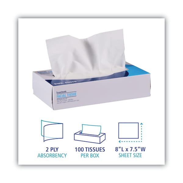 Boardwalk Facial Tissue, 2-Ply, 7.5 in x 8 in sheet, Flat Box, 100 Sheets per Box, 30 Pack - BWK6500B