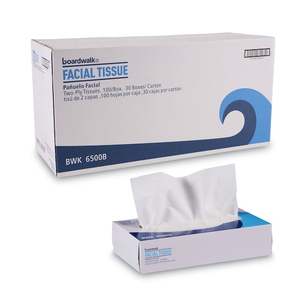 Boardwalk Facial Tissue, 2-Ply, 7.5 in x 8 in sheet, Flat Box, 100 Sheets per Box, 30 Pack - BWK6500B
